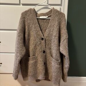 Astr Taupe Fuzzy V‑Neck Button Cardigan